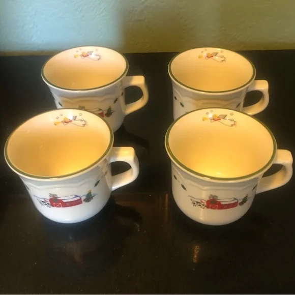 Four Pfaltzgraff Cups Snow Village 10 Oz. Cups Mugs Holiday Angel Barn - Picture 3 of 6